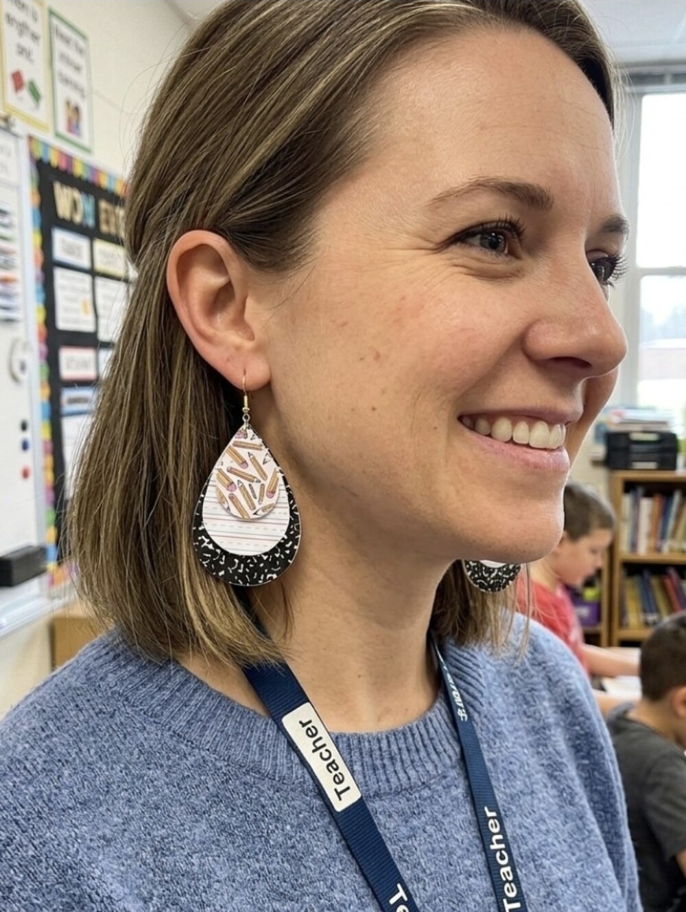 Water drop shape 3‎ layer faux leather light weight teacher dangle earrings